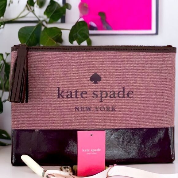 KATE SPADE NWT LARGE TASSEL POUCH BAG ASH ST LOGO DEEP PLUM - Picture 2 of 6
